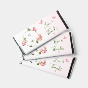 hot pink flowers green leaves butterflies wedding hershey bar favors