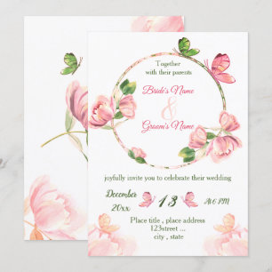 hot pink flowers green leaves butterflies wedding invitation