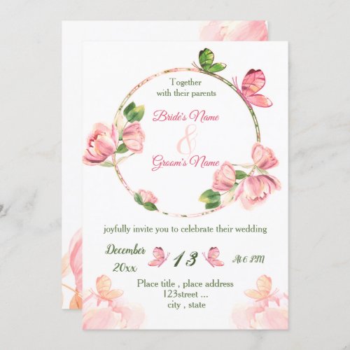 hot pink flowers green leaves butterflies wedding invitation
