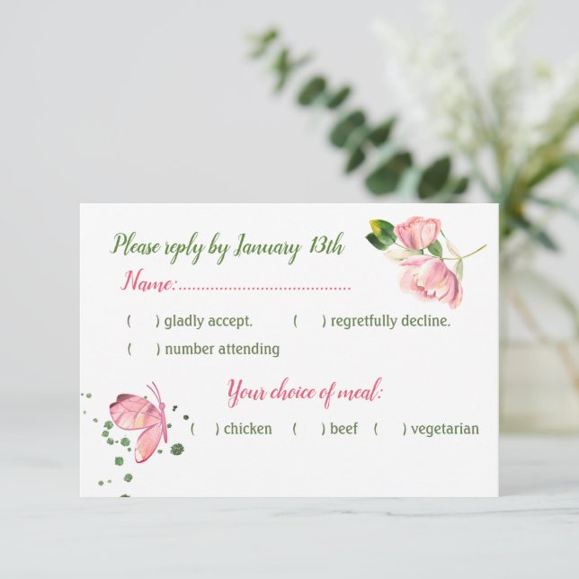 hot pink flowers green leaves butterfly RSVP card (Standing Front)