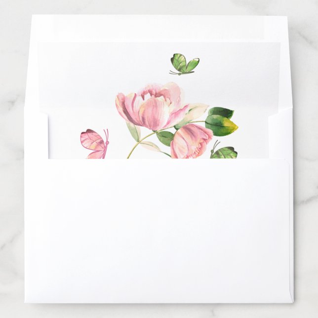 hot pink flowers green leaves wedding envelope liner (In Envelope)