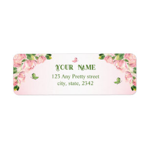hot pink flowers green leaves wedding label