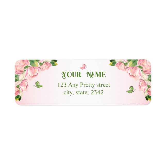hot pink flowers green leaves wedding label (Front)