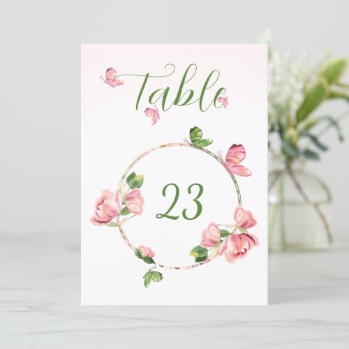 hot pink flowers greenery butterflies table number