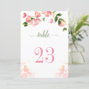 hot pink flowers greenery butterflies table number
