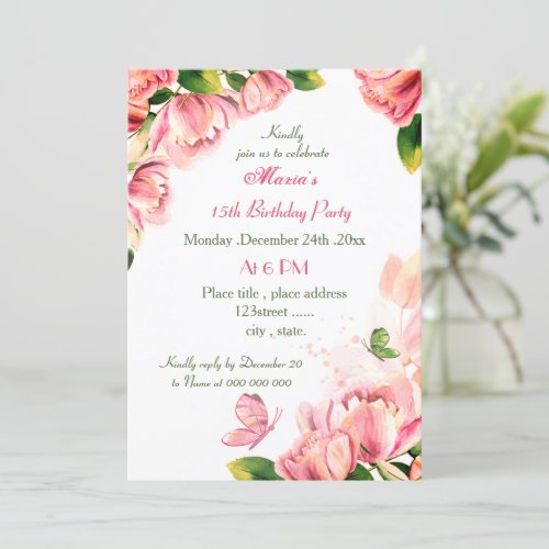 hot pink flowers leaves butterflies birthday party invitation