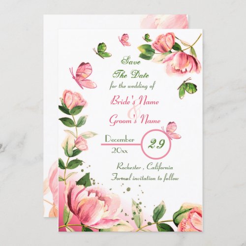 hot pink flowers leaves butterflies save the date invitation
