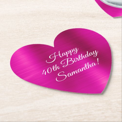 Hot Pink Foil Personalized Happy 40th Birthday Paper Coaster