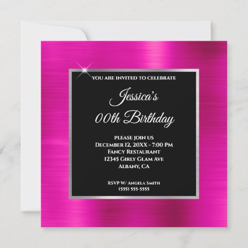 Hot Pink Foil Silver and Black Birthday Invitation