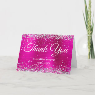 Hot Pink Foil Silver Glitter Sweet 16 Letterpress Thank You Card