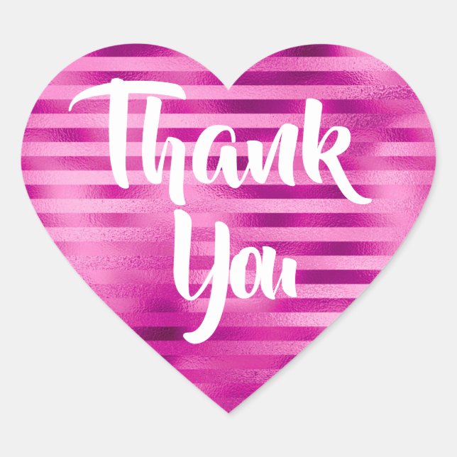 Hot Pink Foil Stripes Thank You Heart Sticker (Front)
