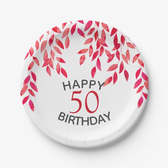 Hot Pink Foliage Birthday Party Paper Plates (Front)