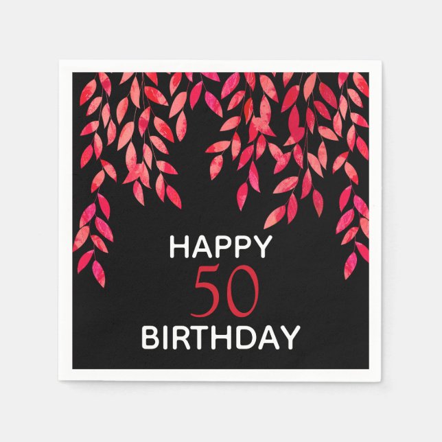 Hot Pink Foliage on Black Birthday Party Napkins (Front)