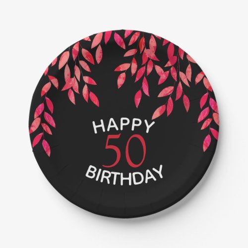 Hot Pink Foliage on Black Birthday Party Paper Plates