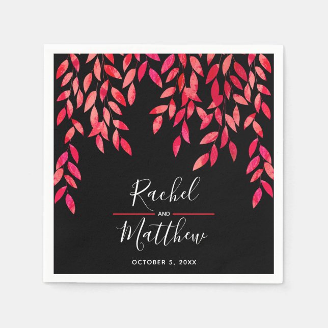 Hot Pink Foliage on Black Wedding Napkins (Front)
