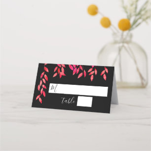 Hot Pink Foliage on Black Wedding Place Card