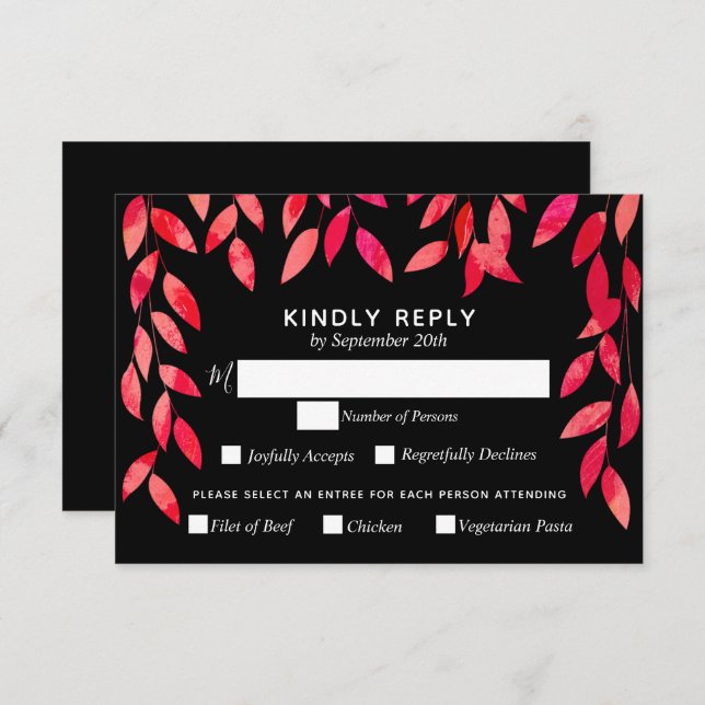 Hot Pink Foliage on Black Wedding RSVP Card (Front/Back)
