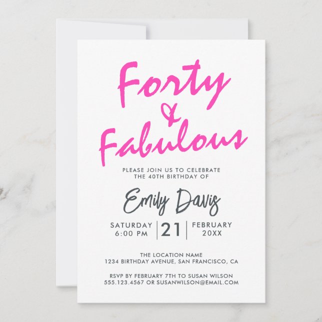 Hot Pink Forty and Fabulous 40th Birthday Invitation (Front)