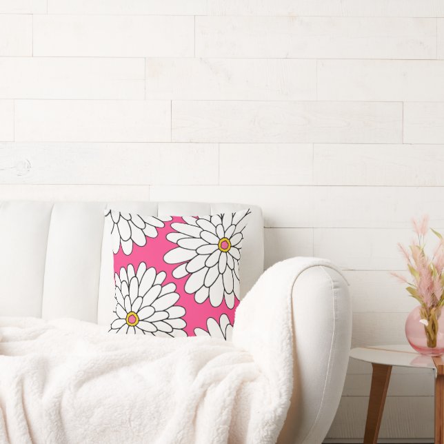 Hot Pink Four Hand Drawn Zinnias  Throw Pillow (Couch)