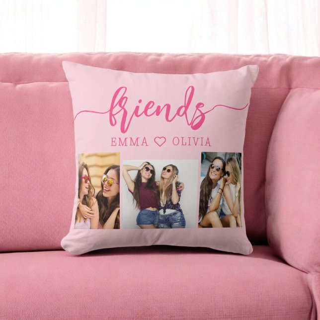 Hot Pink Friends 3 Photo Friendship Collage Throw Pillow (Creator Uploaded)