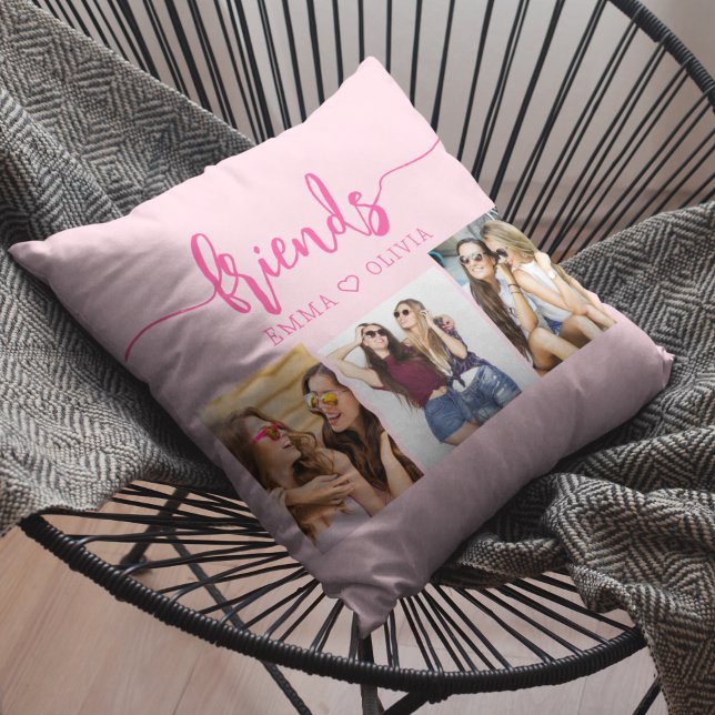 Hot Pink Friends 3 Photo Friendship Collage Throw Pillow (Creator Uploaded)