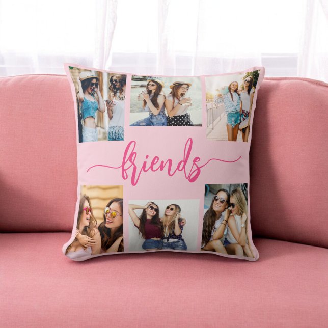 Hot Pink Friendship Friends 6 Photo Collage Gift Throw Pillow (Creator Uploaded)