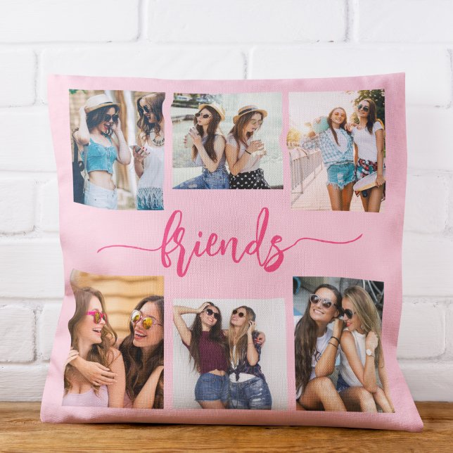 Hot Pink Friendship Friends 6 Photo Collage Gift Throw Pillow (Creator Uploaded)