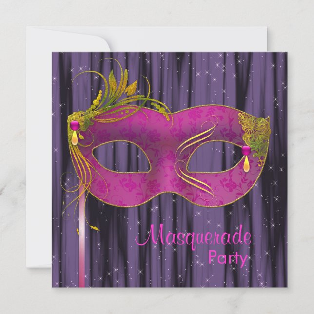 Hot Pink Fuchsia Black Purple Masquerade Party Invitation (Front)