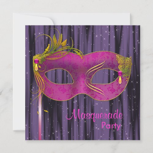 Hot Pink Fuchsia Black Purple Masquerade Party Invitation