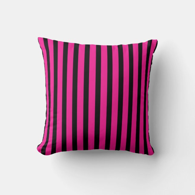 Hot Pink Fuchsia Black Striped  Throw Pillow (Front)
