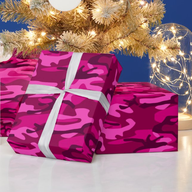Hot Pink Fuchsia Camo Camouflage Girly Pattern Wrapping Paper (Holidays)