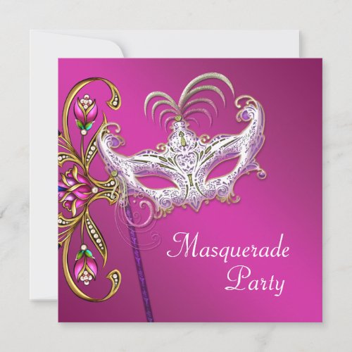 Hot Pink Fuchsia Pink Masquerade Party Personalized Announcement