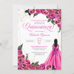 Hot Pink Fuchsia Roses & Gold and Gown Quinceañera Invitation