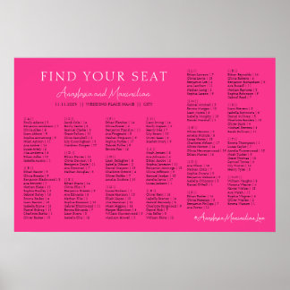 Hot Pink Fuchsia Wedding Alphabetical Seating Poster