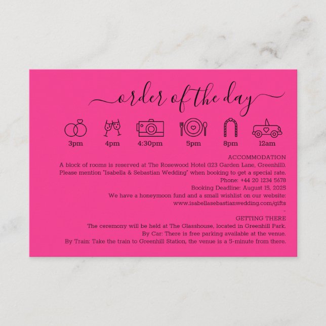 Hot Pink Fuchsia Wedding Details Order Of The Day Enclosure Card (Front)