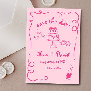 Hot Pink Funky Whimsical Hand Drawn Wedding Save The Date