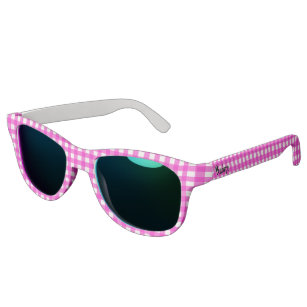 Hot Pink Fuschia Classy Gingham Pattern with Name Sunglasses