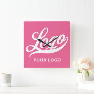 Hot pink fushia Business logo Company brand Simple Square Wall Clock