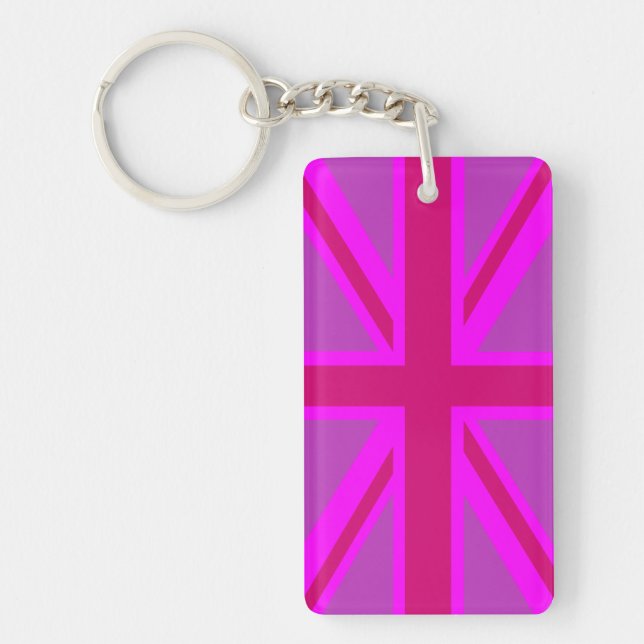 Hot Pink Fushia Union Jack British Flag Background Keychain (Front)