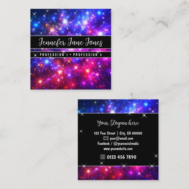 Hot Pink Galaxy Nebula Glitter Sparkle Stars     Square Business Card (Front/Back)