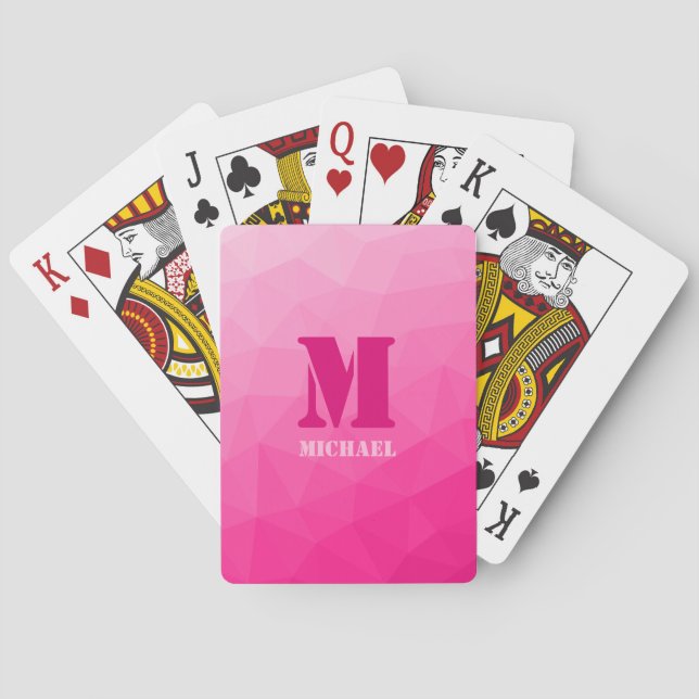 Hot pink geometric mesh pattern Monogram Poker Cards (Back)
