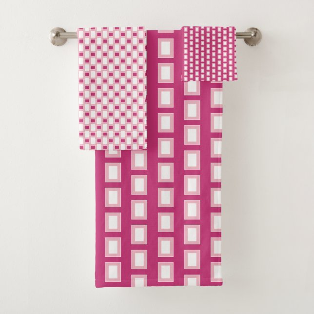 Hot Pink Geometric Pattern Stripes Bath Towel Set (Insitu)