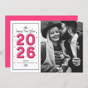 Hot Pink Geometric Typography New Year Photo Holiday Card