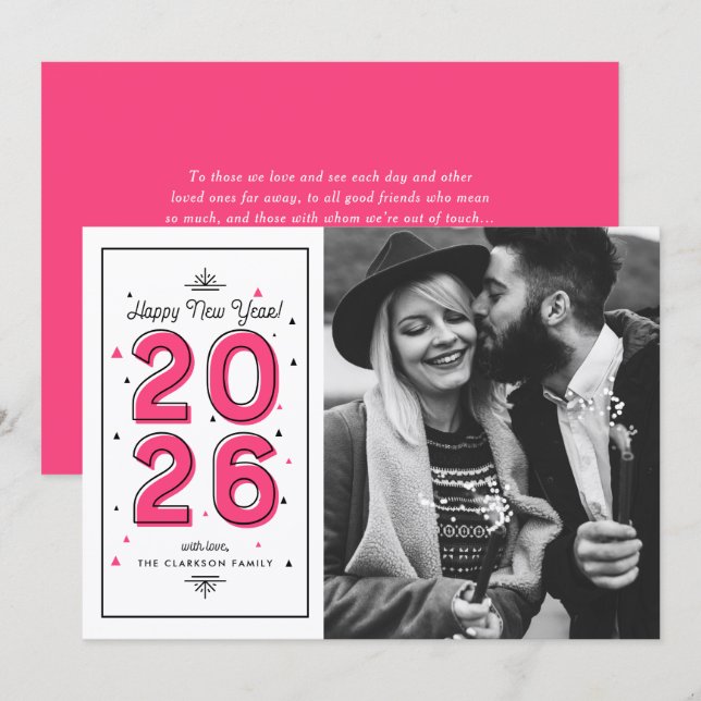 Hot Pink Geometric Typography New Year Photo Holiday Card (Front/Back)