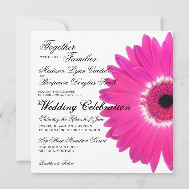 Hot Pink Gerber Daisy Flower Wedding Invitations (Front)