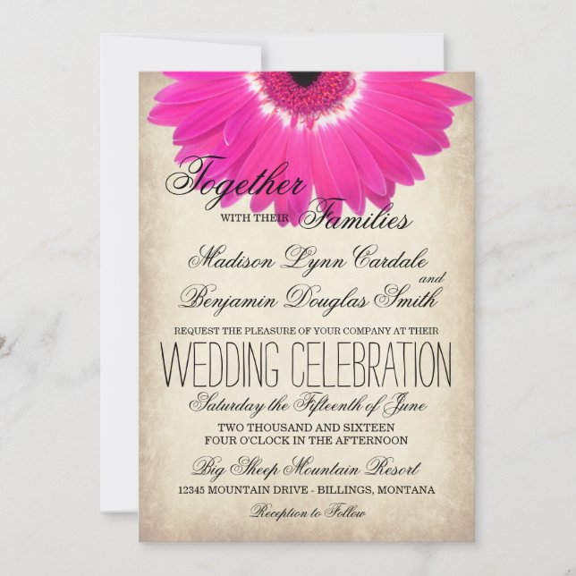 Hot Pink Gerber Daisy Rustic Wedding Invitations (Front)