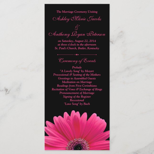 Hot Pink Gerbera Daisy Black Wedding Program (Front)