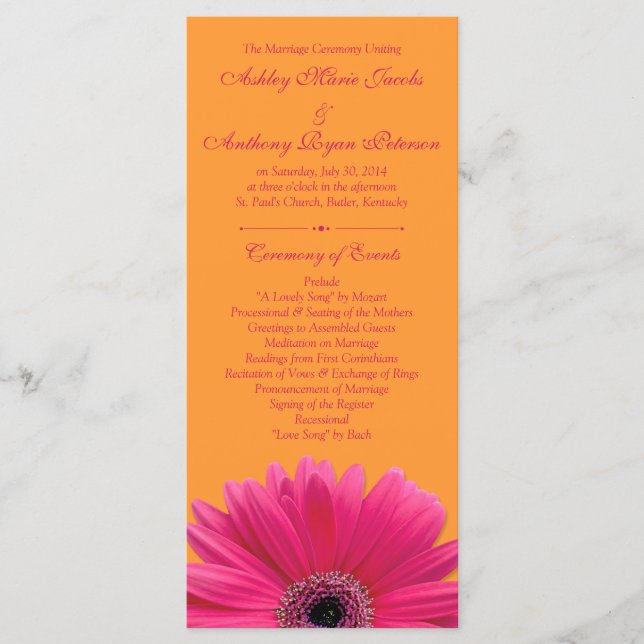 Hot Pink Gerbera Daisy Orange Wedding Program (Front)
