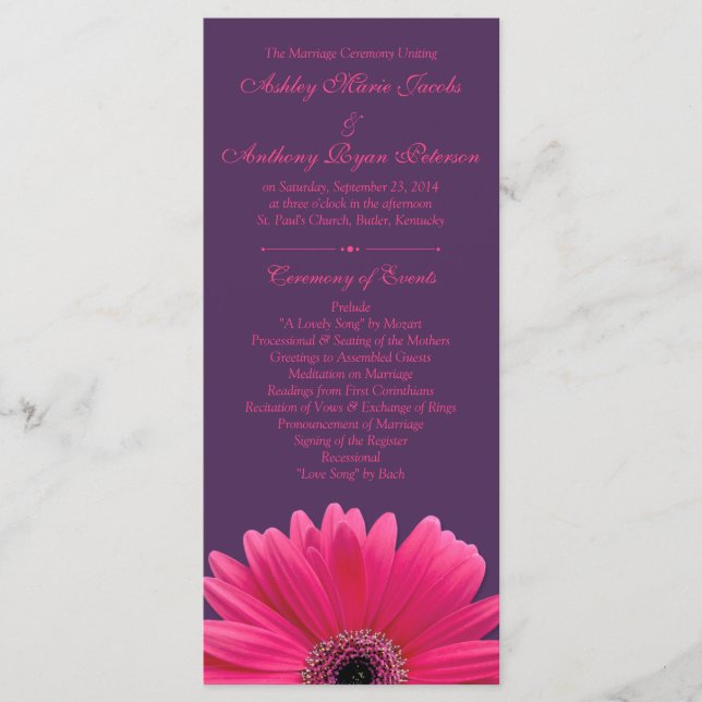 Hot Pink Gerbera Daisy Purple Wedding Program (Front)