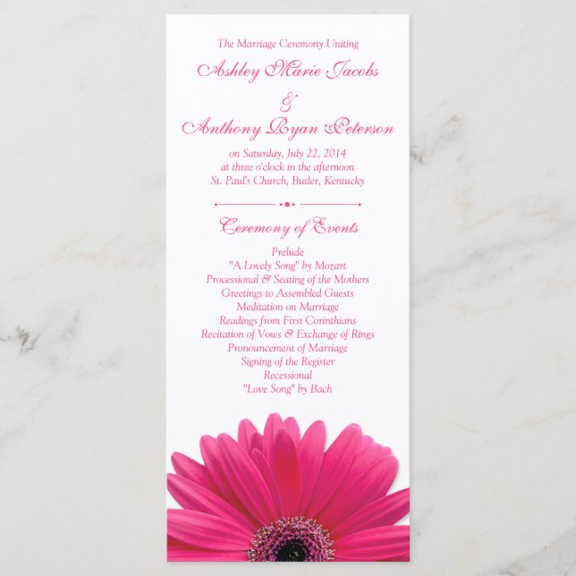 Hot Pink Gerbera Daisy White Wedding Program (Front)